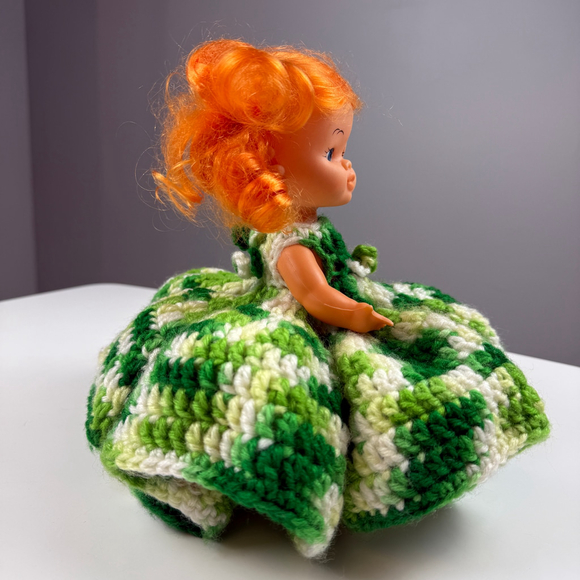 Vintage 70's - 80's Doll with Orange Hair and Green & White Crocheted Dress - Picture 4 of 9